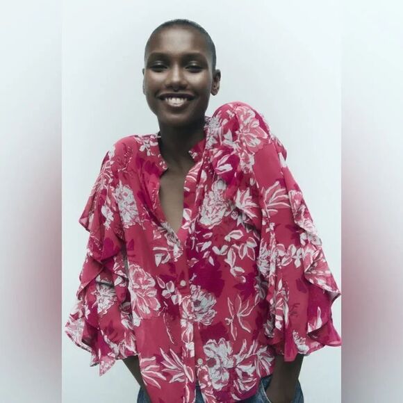 ZARA PRINTED TOP WITH RUFFLES - Picture 3 of 11